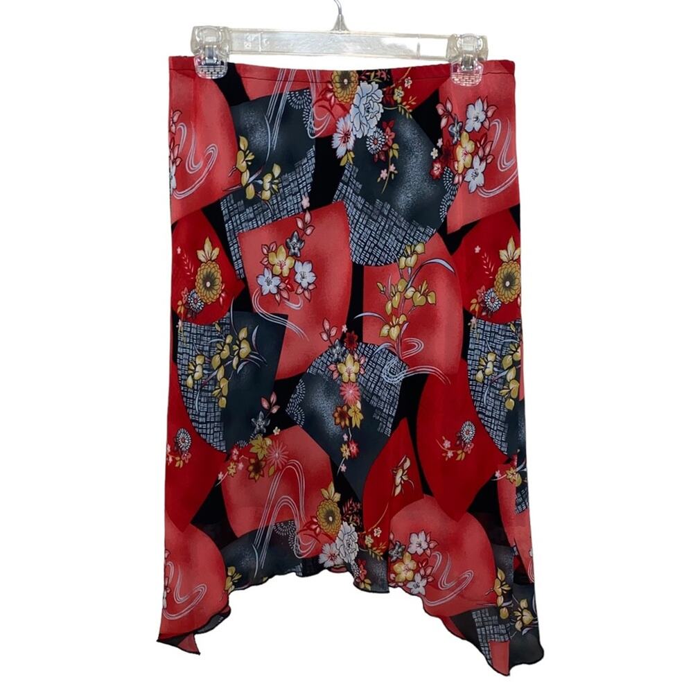Maid N La Floral Skirt Med Red Black Asymmetrical Hem Midi Skirt Asian‎ Inspired
